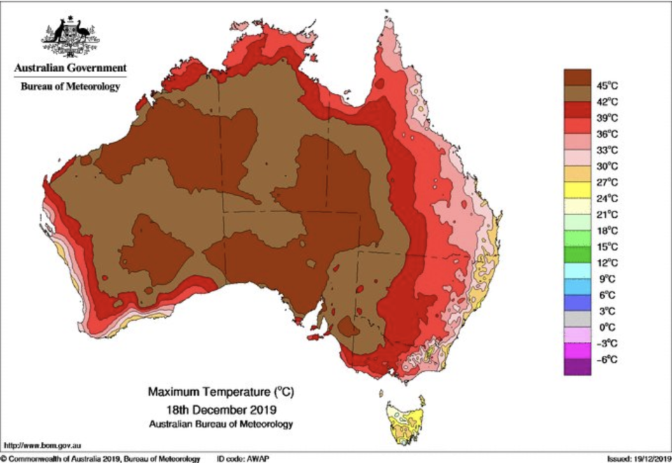 A Bureau of Meteorology map showing the maximum temperatures recorded in Australia on Wednesday, December 18, 2019.