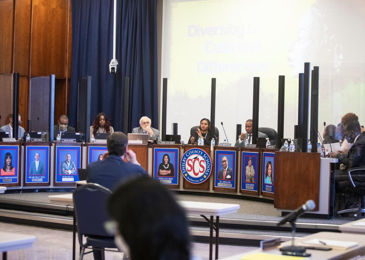 Shebly County School Board of Education holds its  first in-person board business meeting since the pandemic in Memphis, Tenn., on Tuesday, April 6, 2021.