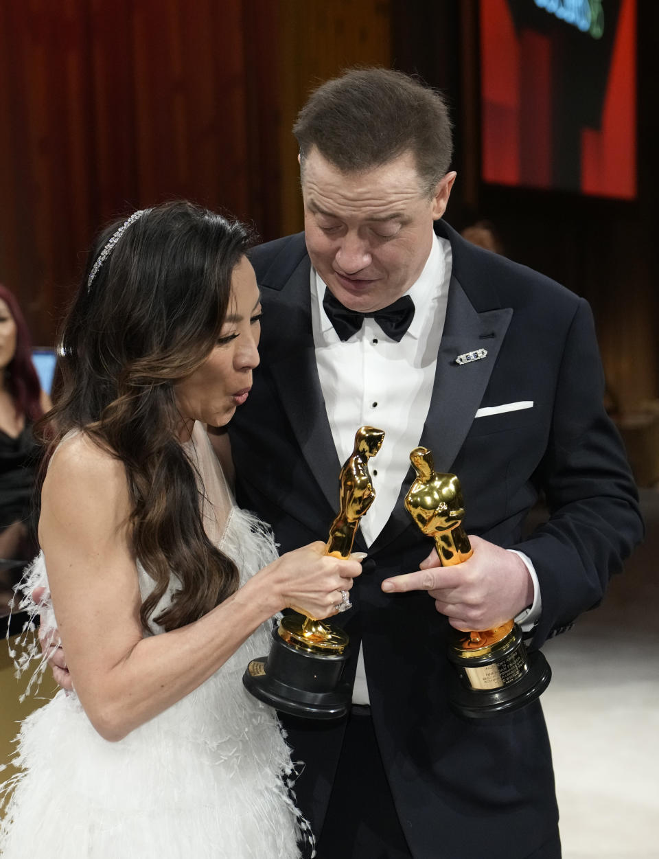 Michelle Yeoh, left, and Brendan Fraser pose with their awards at the Governors Ball after the Oscars on Sunday, March 12, 2023, at the Dolby Theatre in Los Angeles. Michelle Yeoh won the award for best performance by an actress in a leading role for "Everything Everywhere All at Once," and Brendan Fraser won the award for best performance by an actor in a leading role for "The Whale." (AP Photo/John Locher)