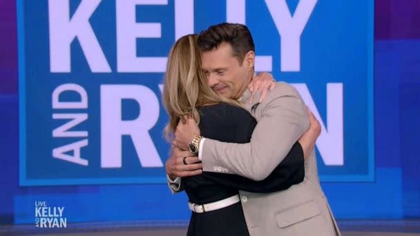 PHOTO: Ryan Seacrest hugs Kelly Ripa on his final episode of 'Live with Kelly and Ryan,' on April 14, 2023. (ABC)