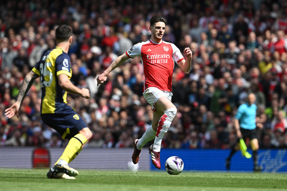 Arsenal midfielder Declan Rice runs with the ball during the English Premier League match against Bournemouth. 