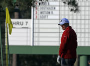 Sandy Lyle, of Scotland, looks at his ball on the first green during the second round of the Masters golf tournament Friday, April 11, 2014, in Augusta, Ga. (AP Photo/David J. Phillip)