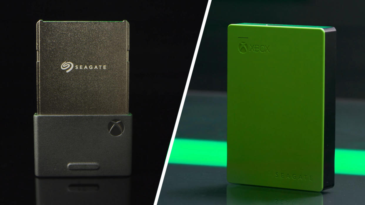  A split image of a Seagate Xbox Storage Expansion Card and Seagate external hard drive. 