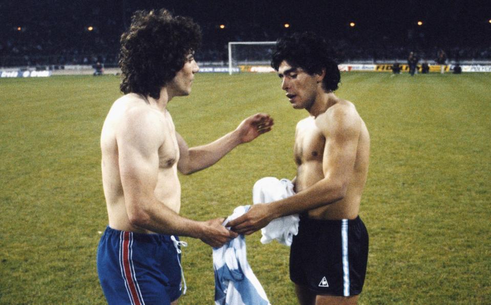 England captain Kevin Keegan exchanges shirts with a teenage Diego Maradona after an International friendly match at Wembley Stadium