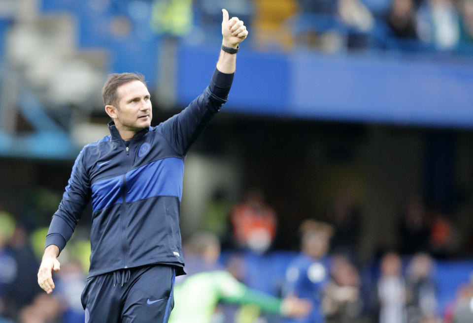 Chelsea's head coach Frank Lampard gives a thumb up after his team won the English Premier League soccer match between Chelsea and Brighton & Hove Albion at Stamford Bridge stadium in London, Saturday, Sept. 28, 2019.(AP Photo/Frank Augstein)