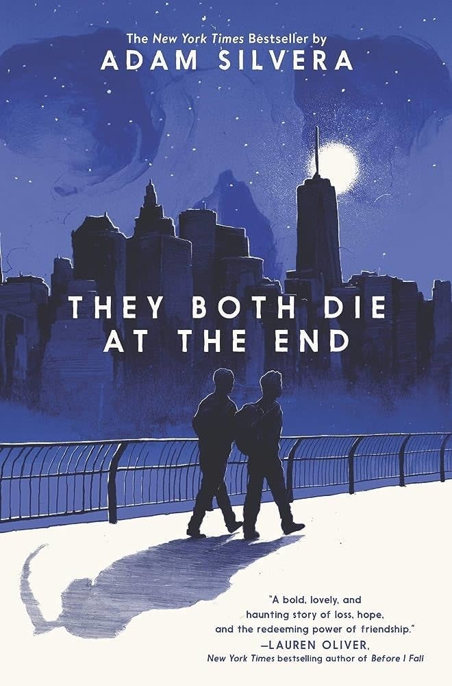 Book cover of 'They Both Die at the End' by Adam Silvera, featuring silhouette of two people on a bridge with cityscape and stars