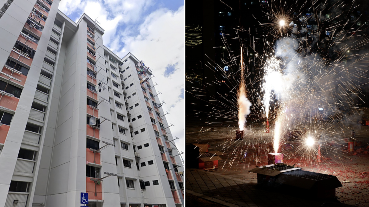 Screen grab of Google Street View of Block 642 Yishun Street 61 where fireworks were discharged (left) and fireworks coming out of a box (Photos: Google and Getty Images)