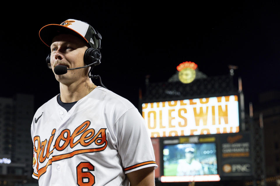 Baltimore Orioles first baseman Ryan Mountcastle (6) speaks during an interview following a baseball game against the Oakland Athletics, Tuesday, April 11, 2023, in Baltimore. The Orioles won 12-8. (AP Photo/Julia Nikhinson)