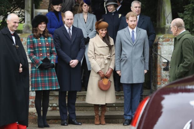 <p>Christmas 2017 marked Meghan's first appearance alongside the royal family on their traditional walk to church on Christmas <a href="https://parade.com/936820/parade/good-morning-quotes/" rel="nofollow noopener" target="_blank" data-ylk="slk:morning;elm:context_link;itc:0;sec:content-canvas" class="link ">morning</a>, even though she and Harry weren't due to be married for another six months. The future duchess was nothing less than a style queen in a subtle yet eye-catching camel coat by Sentaler, made from baby alpaca wool, and was perfectly offset by Meghan’s classy brown beret and her Birks Snowflake jacket earrings. Her brown suede over-the-knee boots matched her strange little disc-shaped handbag in brown leather and caramel suede. It was the Pixie bag by Chloé, whose website explained that the bag’s "glossy golden top handle" is jewelry-inspired.</p>