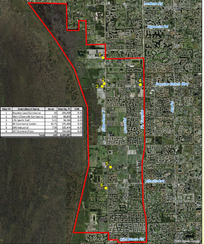 Map shows the location of six sites where developers are looking to build in the Ag Reserve that could result in buildings totaling more than 2.3 million square feet. Four projects were debated during a marathon county commission meeting on Nov. 28. Three of them were transmitted to the state for review. The one rejected could be resubmitted in two years..
