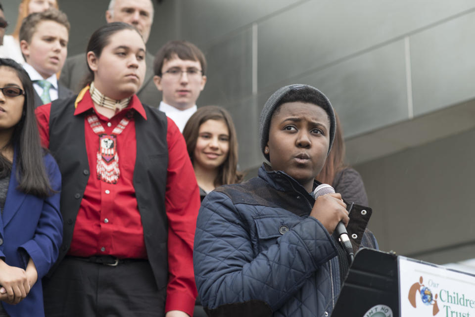 Vic Barrett speaks outside the federal court in Eugene, Oregon, in 2016. (Our Children's Trust)