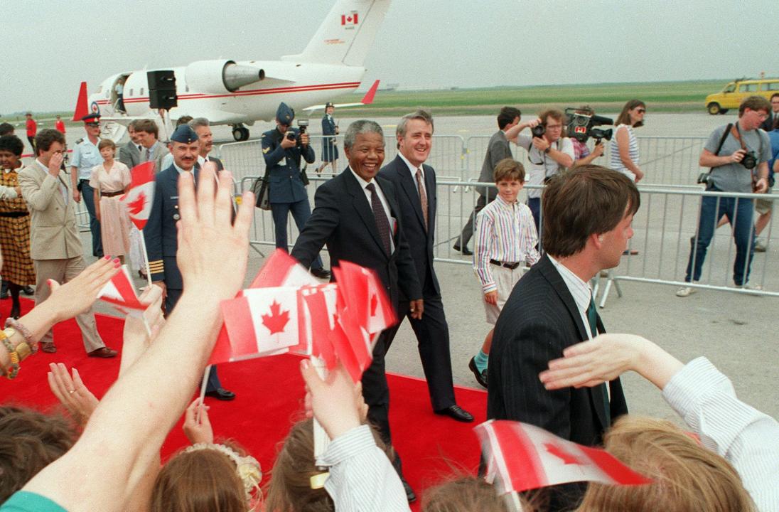 Nelson Mandela walks with Prime Minister Brian Mulroney on his arrival in Ottawa, June 17, 1990. Former prime minister Brian Mulroney is dead at 84. His family announced late Thursday that the former Tory leader died peacefully, surrounded by loved ones. THE CANADIAN PRESS/Chuck Mitchell