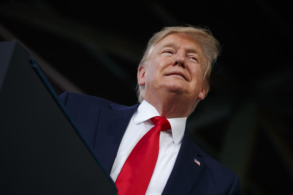 President Donald Trump speaks at a rally at Aaron Bessant Amphitheater, Wednesday, May 8, 2019, in Panama City Beach, Fla. (AP Photo/Evan Vucci)