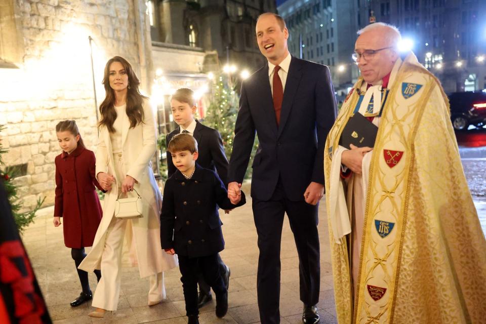 london, england december 08 princess charlotte of wales, catherine, princess of wales, prince louis of wales, prince george of wales, prince william, prince of wales and the dean of westminster abbey, the very reverend dr david hoyle attend the together at christmas carol service at westminster abbey on december 08, 2023 in london, england spearheaded by the princess of wales, and supported by the royal foundation, the service is a moment to bring people together at christmas time and recognise those who have gone above and beyond to help others throughout the year photo by chris jacksongetty images