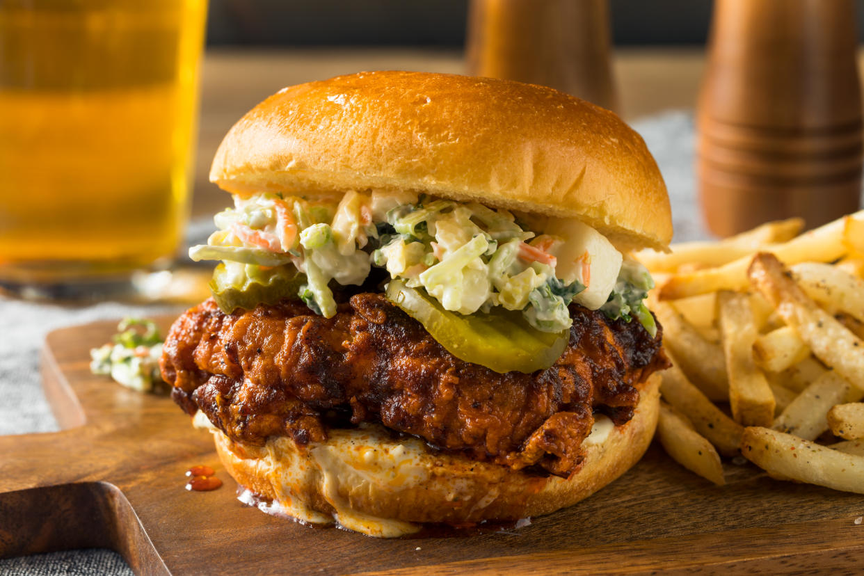 Homemade Spicy Nashville Hot Chicken Sandwich with Ranch and Pickles