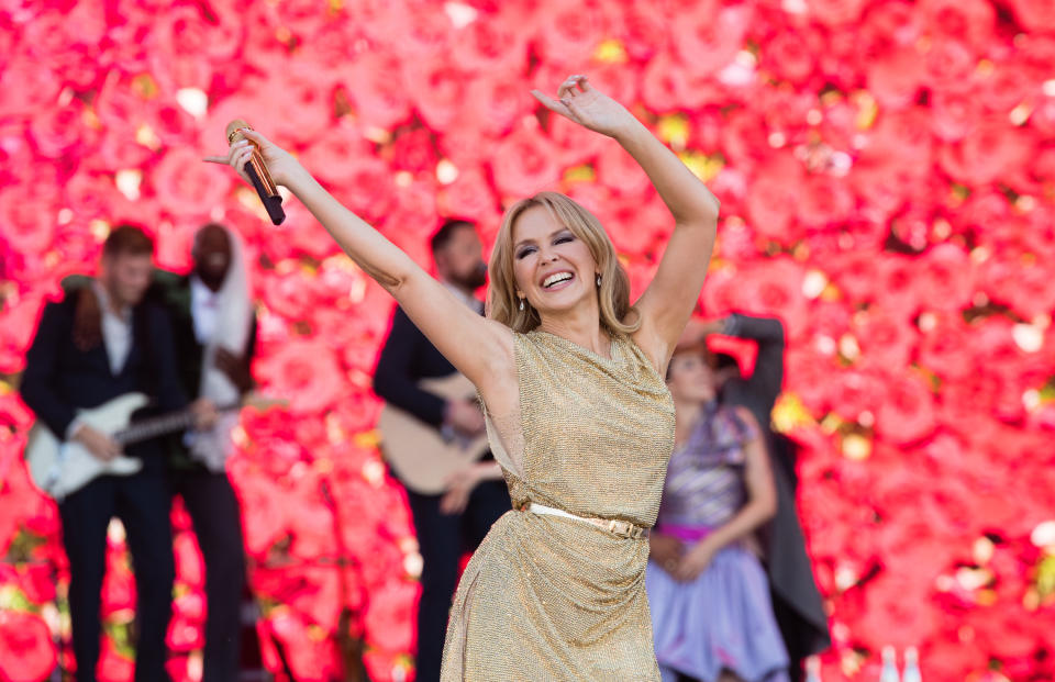 GLASTONBURY, ENGLAND - JUNE 30: Kylie Minogue performs on the Pyramid Stage on day five of Glastonbury Festival at Worthy Farm, Pilton on June 30, 2019 in Glastonbury, England. (Photo by Samir Hussein/WireImage)