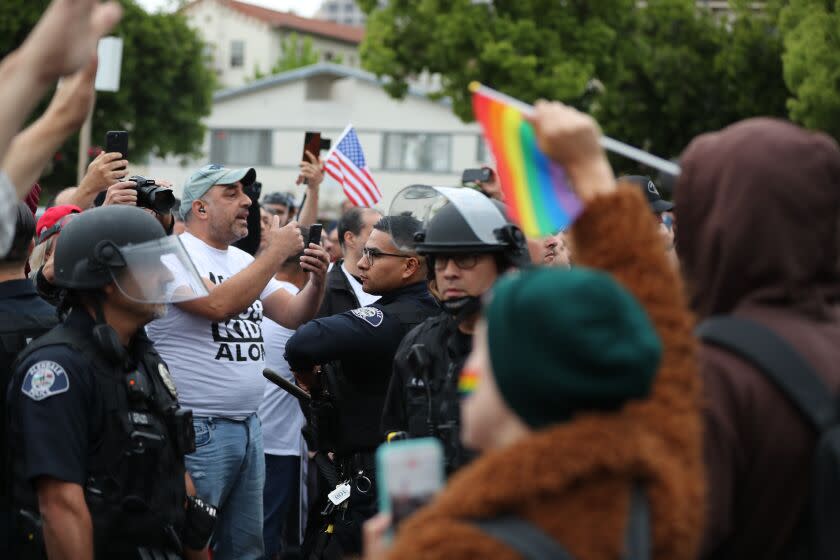 Burbank, CA - June 06: Large crowds gather at Glendale Unified School District meeting where parents and activists clash over teaching sexual identity to kids at Glendale Unified School District in Burbank Tuesday, June 6, 2023. (Allen J. Schaben / Los Angeles Times)
