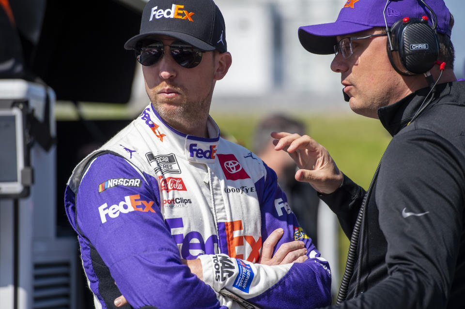 Denny Hamlin (11) before a NASCAR Xfinity Series auto race at Dover Motor Speedway, Saturday, April 30, 2022, in Dover, Del. (AP Photo/Jason Minto)