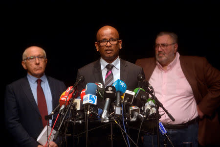 Ram Manikkalingam (C) of the International Verification Commission, announces confirmation of disarmament by Basque separatists ETA, alongside Mayor of Bayonne Jean Rene Etchegaray and Peace Artisan Mitchel Tuviana in Bayonne April 8, 2017. REUTERS/Vincent West