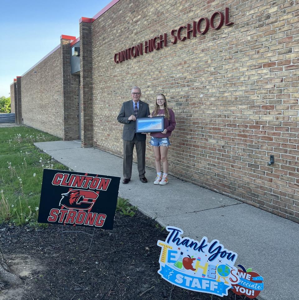 Rep. Tim Walberg, R-Tipton, visited Clinton High School near the conclusion of the 2022-23 school year to award and congratulate Jourdan Young for winning first place in the 2023 Congressional Art Competition for Michigan’s 5th District.