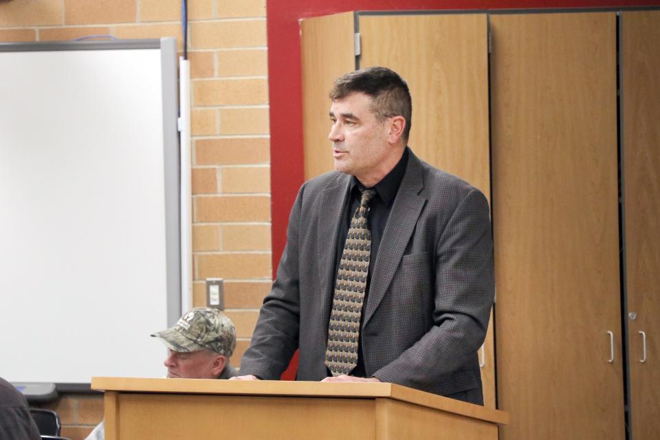 Addison Community Schools Superintendent Dan Bauer gives his administrative report at the Dec. 18 board of education meeting. Less than six months after accepting the job of superintendent, Bauer has announced he is resigning at the end of the school year.