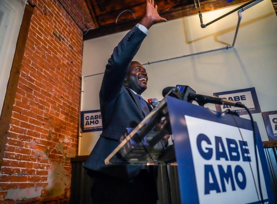 Gabe Amo waves to supporters at an election results party after his win in the Democratic primary for Rhode Island’s 1st Congressional District, Tuesday, Sept. 5, 2023, in Pawtucket, R.I. (David Delpoio/Providence Journal via AP)