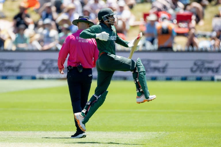 Soumya Sarkar celebrates his century for Bangladesh on Wednesday in Nelson during the second one-day international against <a class="link " href="https://sports.yahoo.com/soccer/teams/new-zealand-women/" data-i13n="sec:content-canvas;subsec:anchor_text;elm:context_link" data-ylk="slk:New Zealand;sec:content-canvas;subsec:anchor_text;elm:context_link;itc:0">New Zealand</a> (Marty MELVILLE)