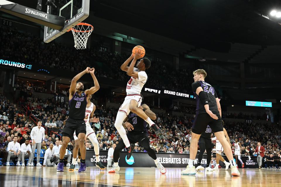 Then with Alabama, Rylan Griffen takes a shot during a game against Grand Canyon on March 24, 2024 in Spokane, Washington.