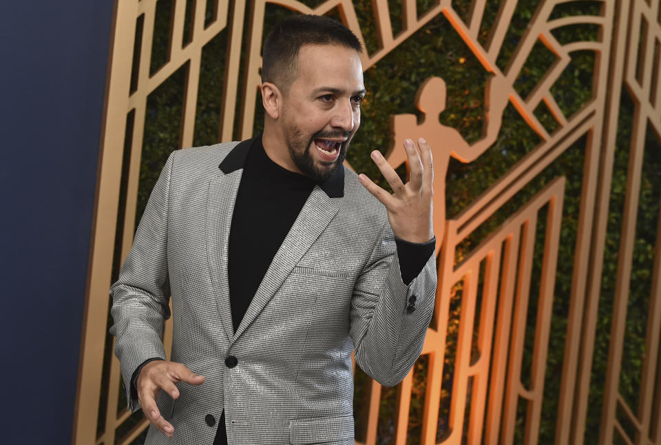 Lin-Manuel Miranda arrives at the 28th annual Screen Actors Guild Awards at the Barker Hangar on Sunday, Feb. 27, 2022, in Santa Monica, Calif. (Photo by Jordan Strauss/Invision/AP)