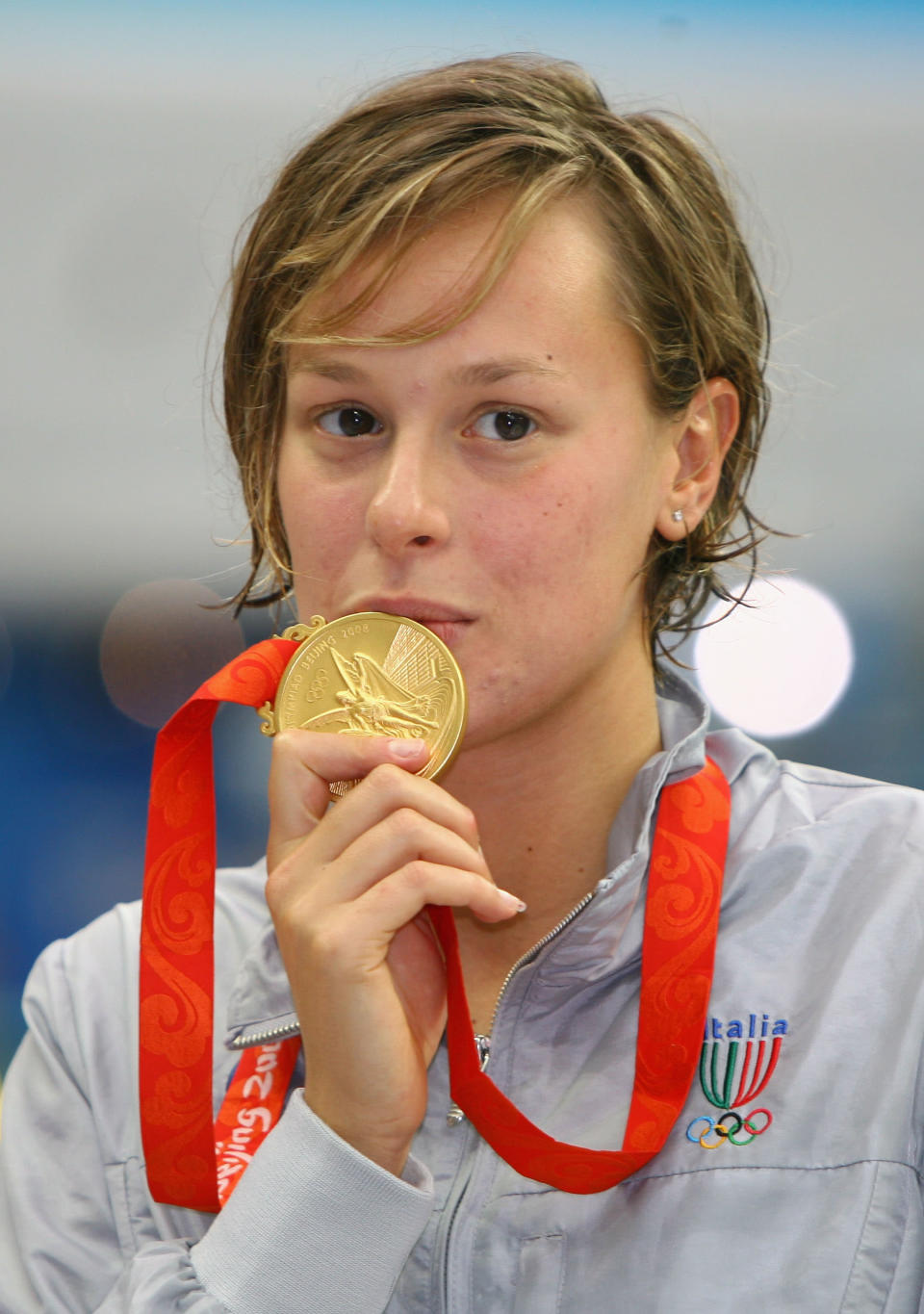 Federica Pellegrini of Italy poses with the gold medal during the medal ceremony for the Women's 200m Freestyle held at the National Aquatics Center on Day 5 of the Beijing 2008 Olympic Games on August 13, 2008 in Beijing, China. Federica Pellegrini of Italy finished the race in a time of 1:54.82 a new World Record. (Photo by Adam Pretty/Getty Images)