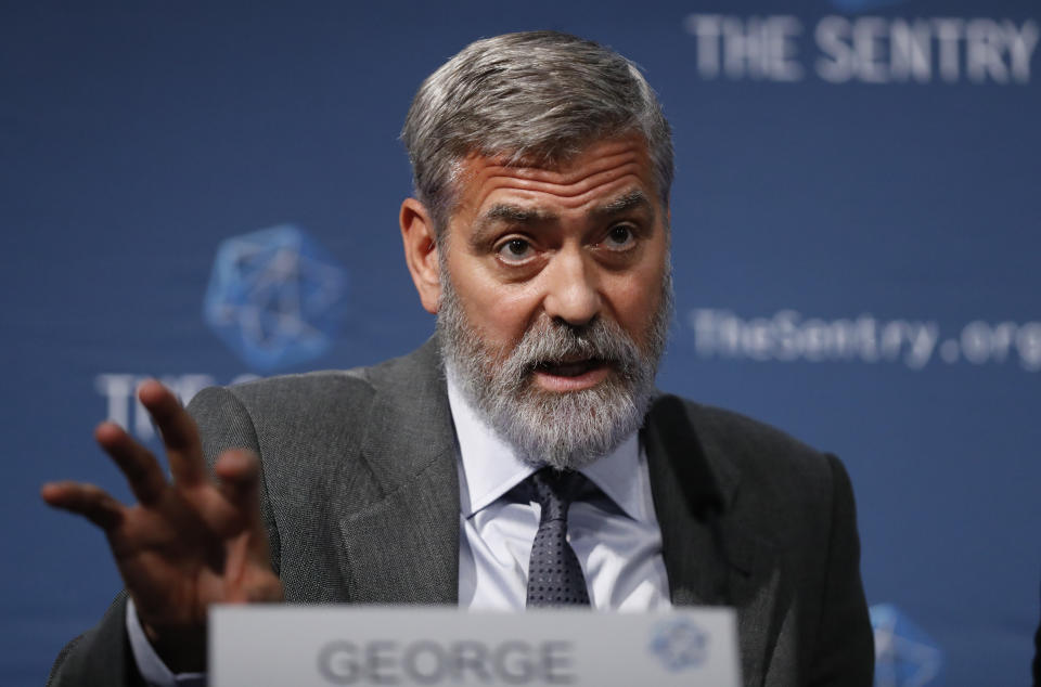 US actor and activist George Clooney speaks at a press conference about South Sudan in London, Thursday, Sept. 19, 2019. The largest multinational oil consortium in South Sudan is "proactively participating in the destruction" of the country, the actor George Clooney and co-founder of The Sentry watchdog group told The Associated Press this week. (AP Photo/Alastair Grant)