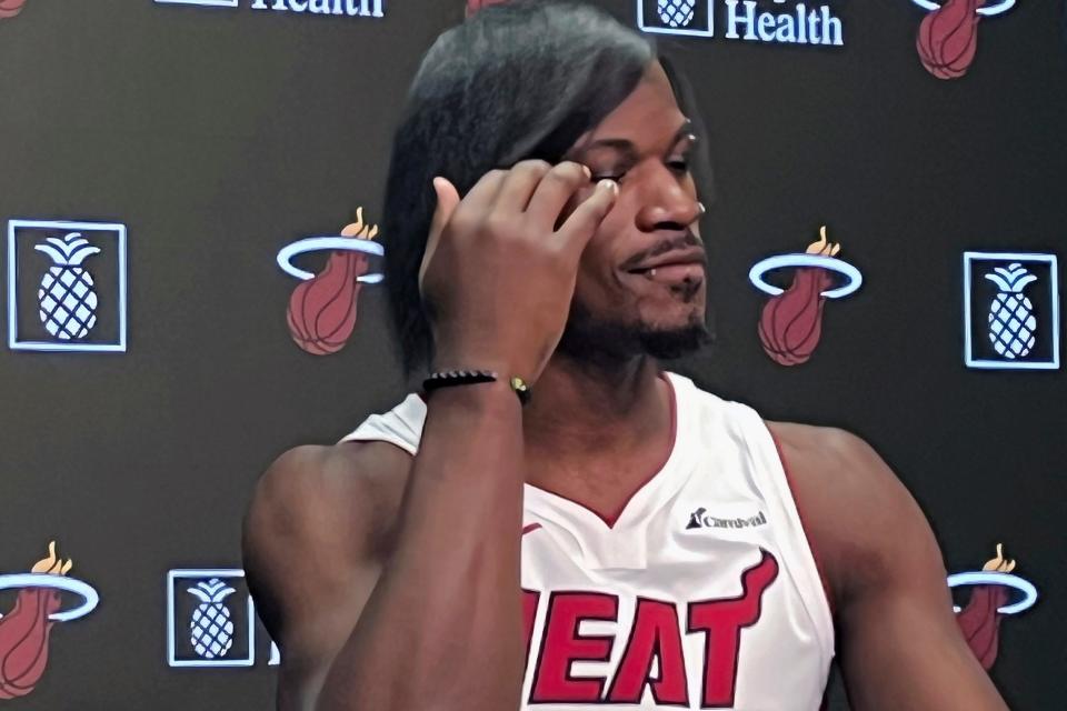 Miami Heat NBA basketball player Jimmy Butler attends the team's Media Day in Miami Monday, Oct. 2, 2023.