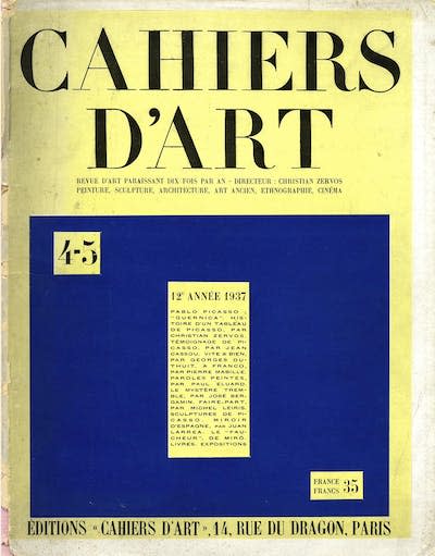 El número de <em>Cahiers d'Art</em> dedicado a <em>Guernica</em>. <a href="https://www.cahiersdart.com/en/la-revue/1926-1960/cahiers-dart-1937-12th-year-n-4-5/?highlight=1937%20guernica" rel="nofollow noopener" target="_blank" data-ylk="slk:Cahiers d'Art;elm:context_link;itc:0;sec:content-canvas" class="link ">Cahiers d'Art</a>