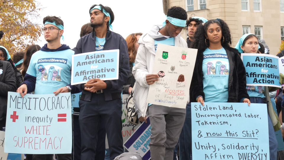 Demonstrators gather outside the Supreme Court in support of Affirmative Action on Monday, October 31, 2022.