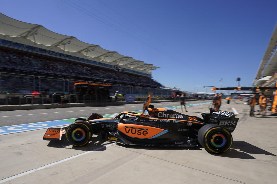 McLaren test driver Alex Palou, of Spain, leaves the pits during the first practice session for the Formula One U.S. Grand Prix auto race at Circuit of the Americas, Friday, Oct. 21, 2022, in Austin, Texas. (AP Photo/Darron Cummings)