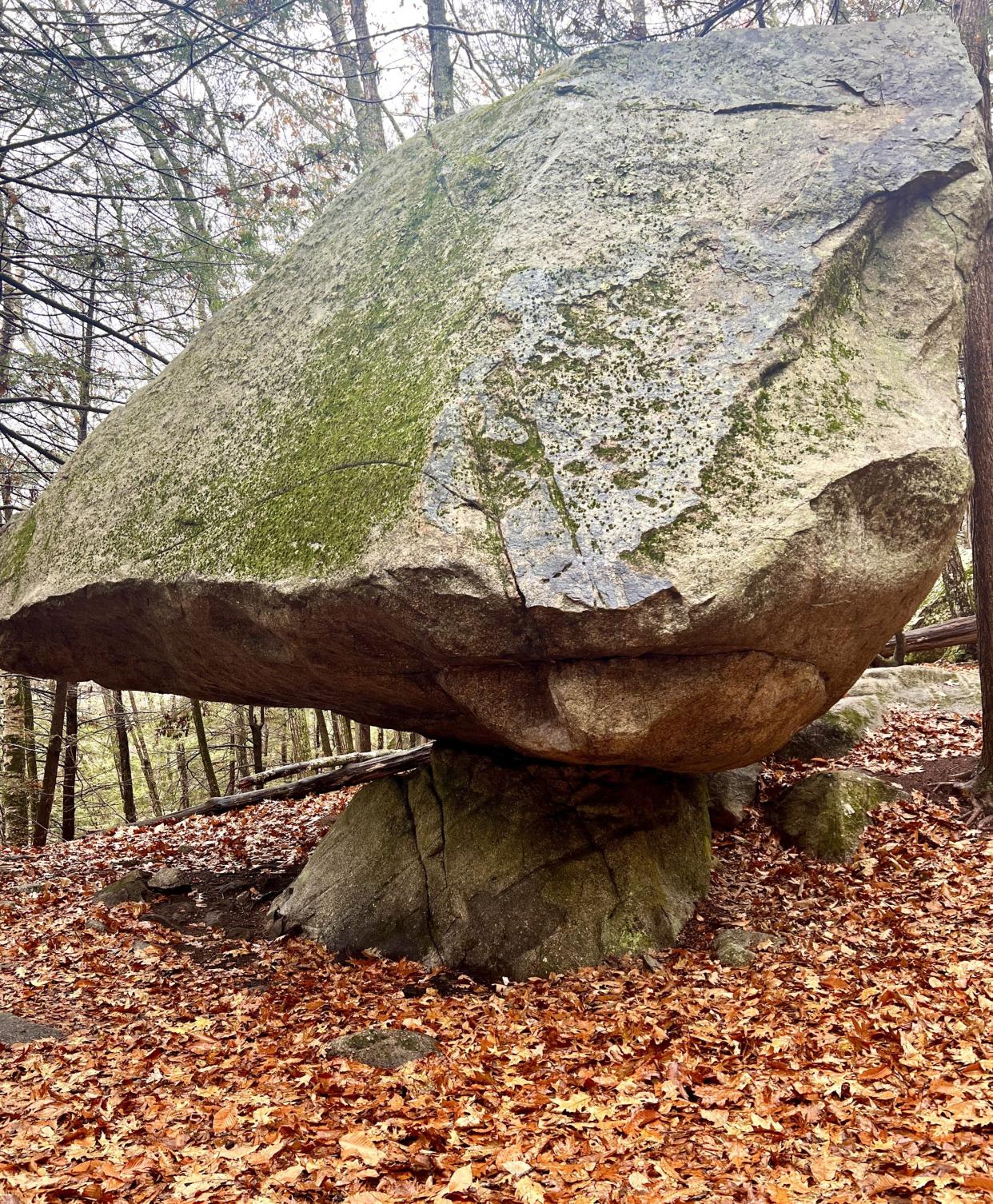 The balancing rock at Orris Falls Preserve is accessible from a short spur trail off the Orris Falls and Balancing Rock Trail in South Berwick, Maine.