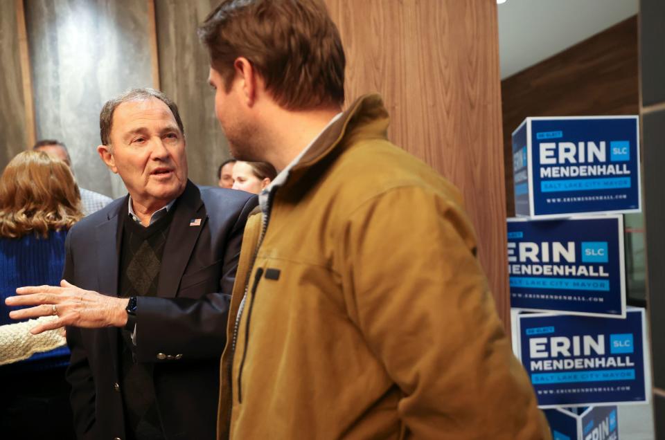 Former Gov. Gary Herbert chats with Clark Cahoon at an election night watch party for Salt Lake City Mayor Erin Mendenhall’s reelection campaign in the same office building that houses her campaign headquarters in downtown Salt Lake City on Tuesday, Nov. 21, 2023. | Kristin Murphy, Deseret News