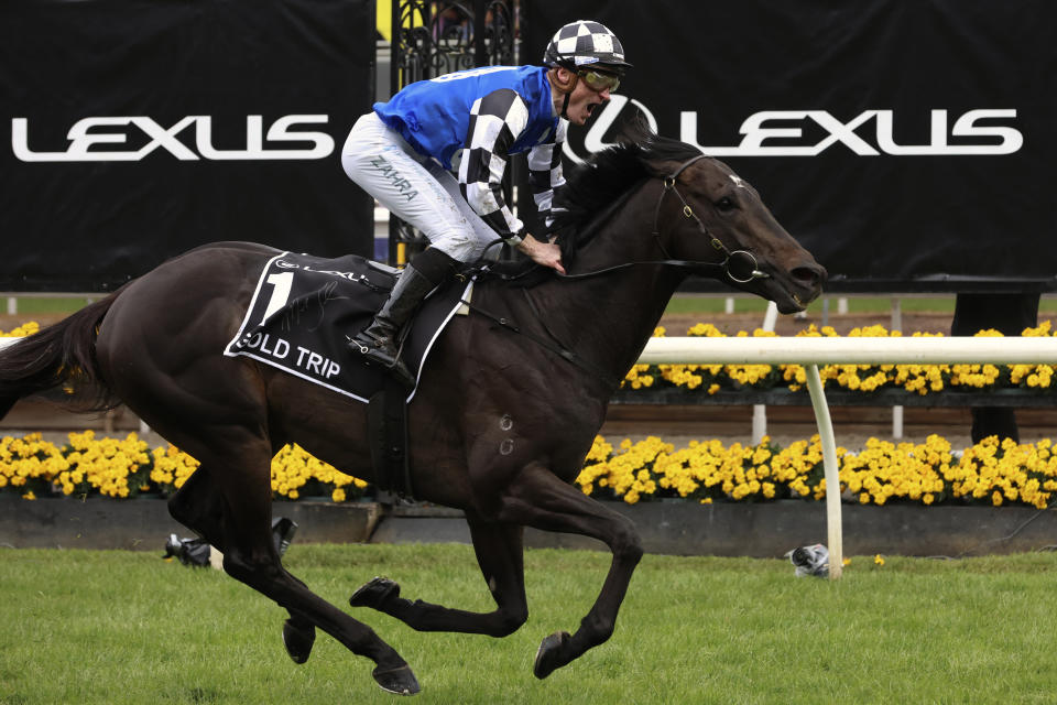 Gold Trip ridden by Mark Zahra wins the Melbourne Cup horse race in Melbourne, Australia, Tuesday, Nov. 1, 2022. (AP Photo/Asanka Brendon Ratnayake)