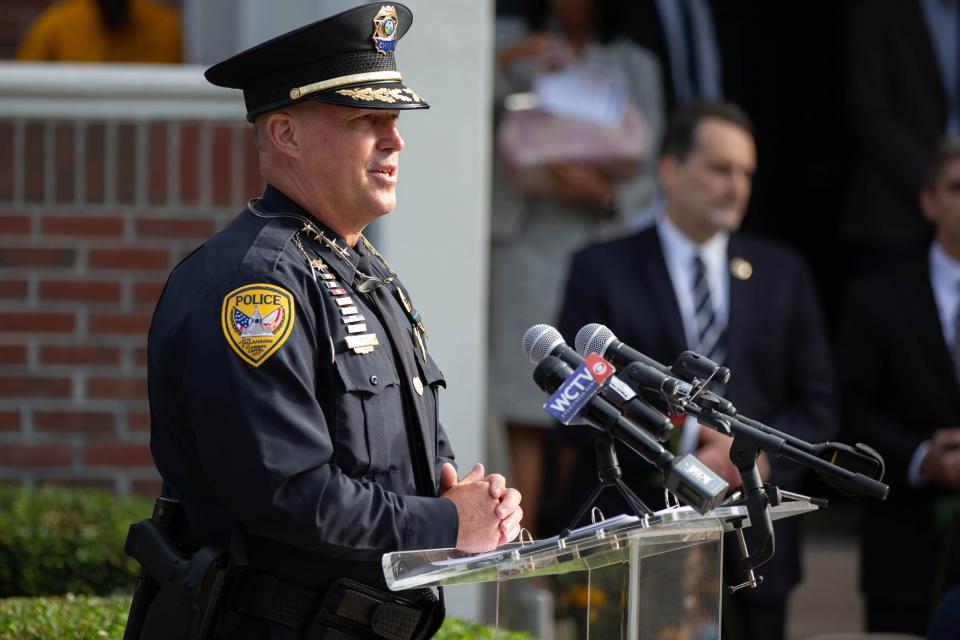 Tallahassee Police Chief Lawrence Revell speaks during a memorial ceremony for fallen law enforcement members at TPD headquarters Tuesday, May 18, 2021.