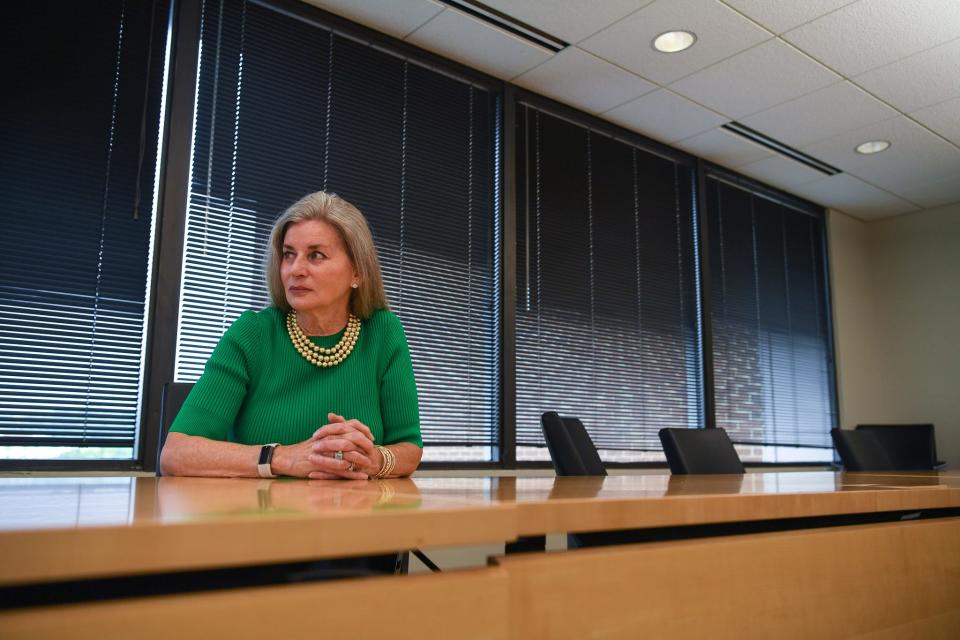 Missy Wallen, Pinnacle Financial Partners' Knoxville chairman, sits in the boardroom of the company's Northshore Drive offices on May 15.