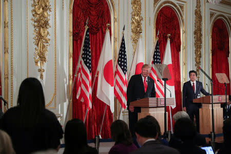 U.S. President Donald Trump and Japan's Prime Minister Shinzo Abe hold a joint news conference at Akasaka Palace state guest house in Tokyo, Japan, May 27, 2019. REUTERS/Jonathan Ernst