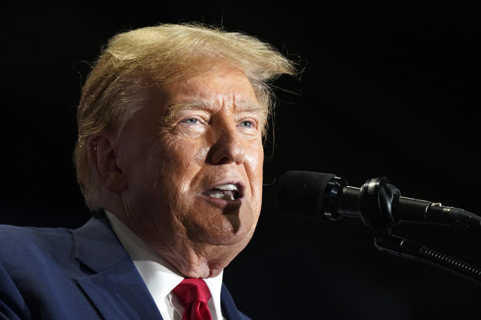 Republican presidential candidate former President Donald Trump speaks at a campaign rally Saturday, March 2, 2024, in Richmond, Va. (AP Photo/Steve Helber)