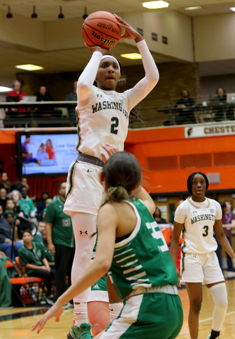 WashingtonÕs Rashunda Jones (2) shoots Saturday, Feb. 11, 2023, at the girls 4A basketball regional game at LaPorte High School. Washington won, 60-41, to advance.