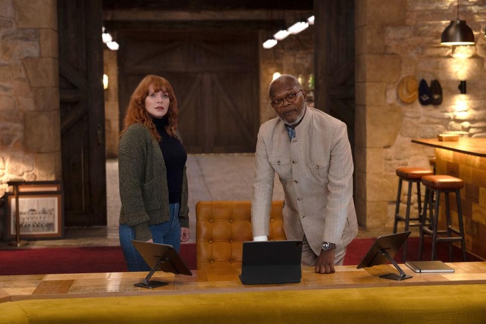 Bryce Dallas Howard and Samuel L. Jackson pictured in a scene from Argylle (AP)