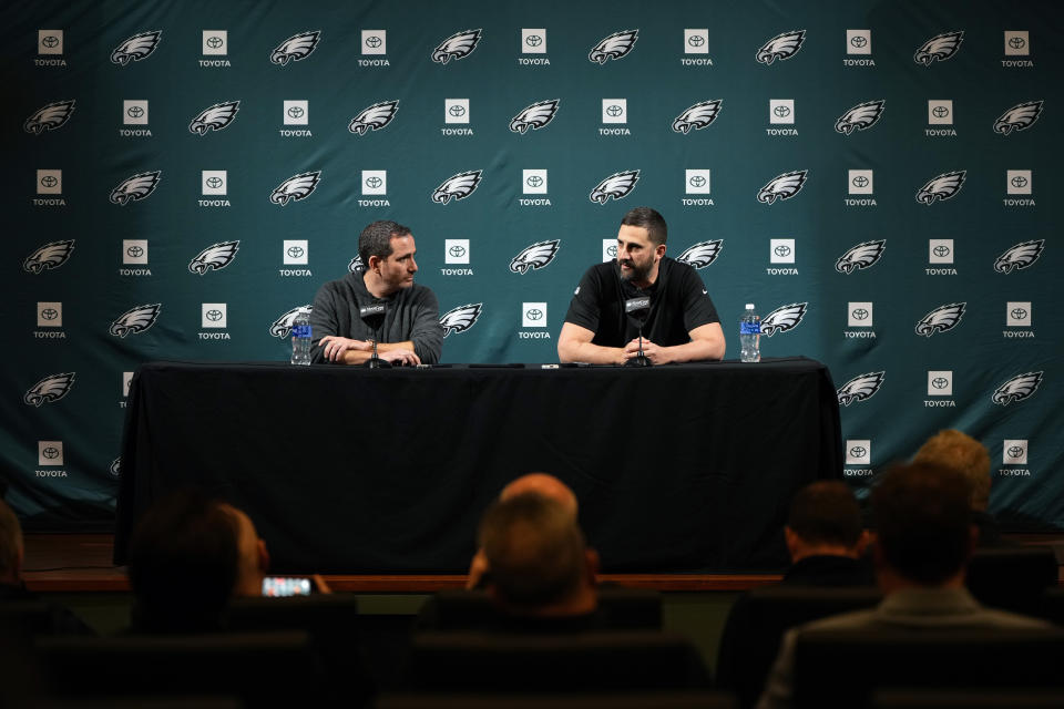 Philadelphia Eagles' Nick Sirianni, right, speaks during a news conference with Howie Roseman at the NFL teams' practice facility, Wednesday, Jan. 24, 2024, in Philadelphia. (AP Photo/Matt Slocum)