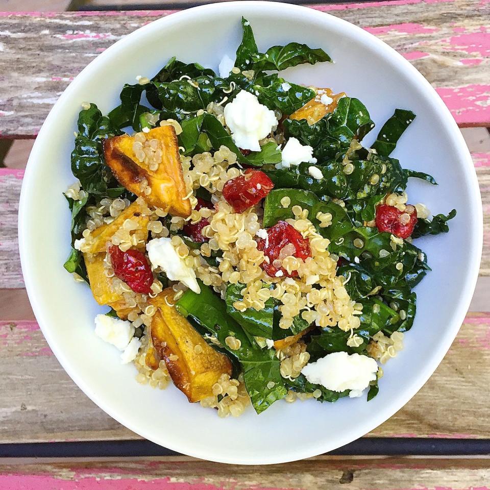 <p>This is the least basic kale has ever looked.</p><p>Get the recipe from <a href="https://www.delish.com/cooking/recipe-ideas/recipes/a43966/roasted-sweet-potatoes-quinoa-kale-dried-cranberries-feta-recipe/" rel="nofollow noopener" target="_blank" data-ylk="slk:Delish;elm:context_link;itc:0;sec:content-canvas" class="link ">Delish</a>.</p>