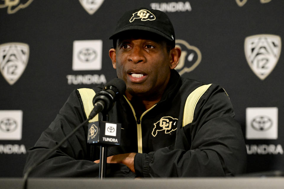 BOULDER, CO - FEBRUARY 1: Colorado Buffaloes head football coach Deion Sanders speaks to members of the media about National Signing Day during a press conference at the Dal Ward Athletic Center in Boulder on Wednesday, Feb.  1, 2023. Sanders spoke about signing new players to the football team for the upcoming season.  (Photo by Matthew Jonas/MediaNews Group/Boulder Daily Camera via Getty Images)