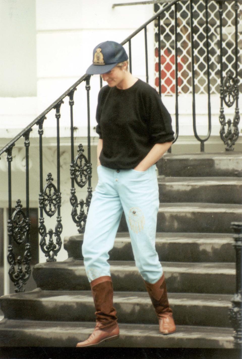 Mandatory Credit: Photo by Alex Lentati/Evening Standard/Shutterstock (1132924a)Princess DianaA Smiling Diana Princess Of Wales Pictured After Dropping Prince Harry Off At School She Is Wearing Cowboy Boots And A Baseball Cap.