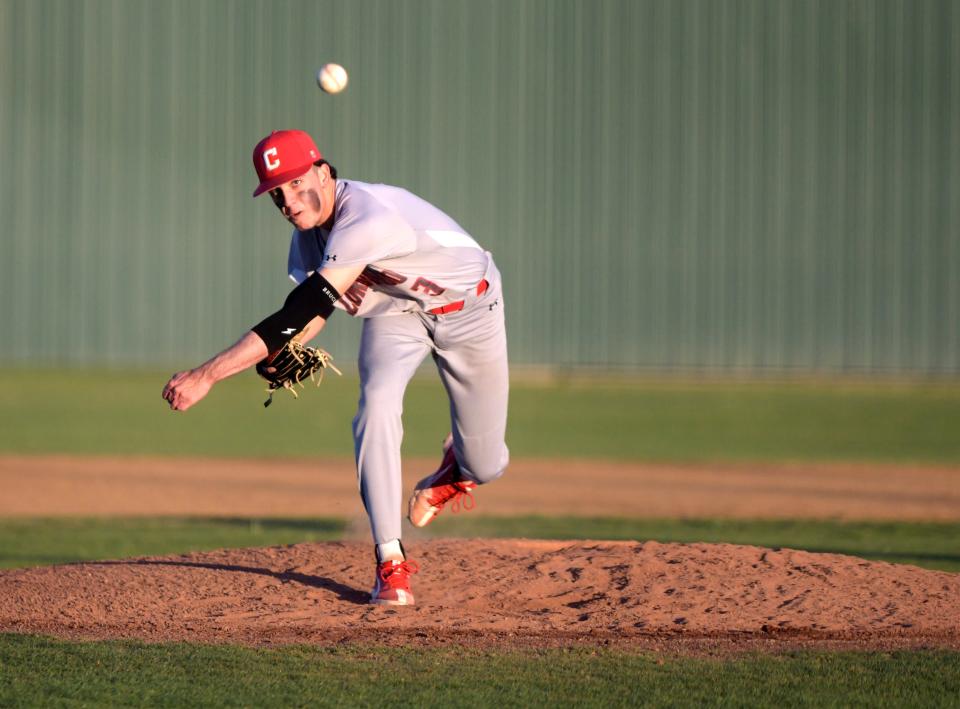Coronado's Jared Owens pitches against Monterey in a District 4-5A baseball game, Wednesday, April 10, 2024, at Moegle Field.