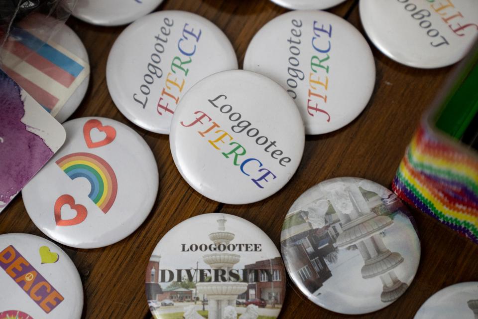 Homemade LGBTQ+ Pride buttons sit at the home of Tracy and Tim Brown-Salsman on Thursday, July 14, 2022, in Loogootee, Indiana.